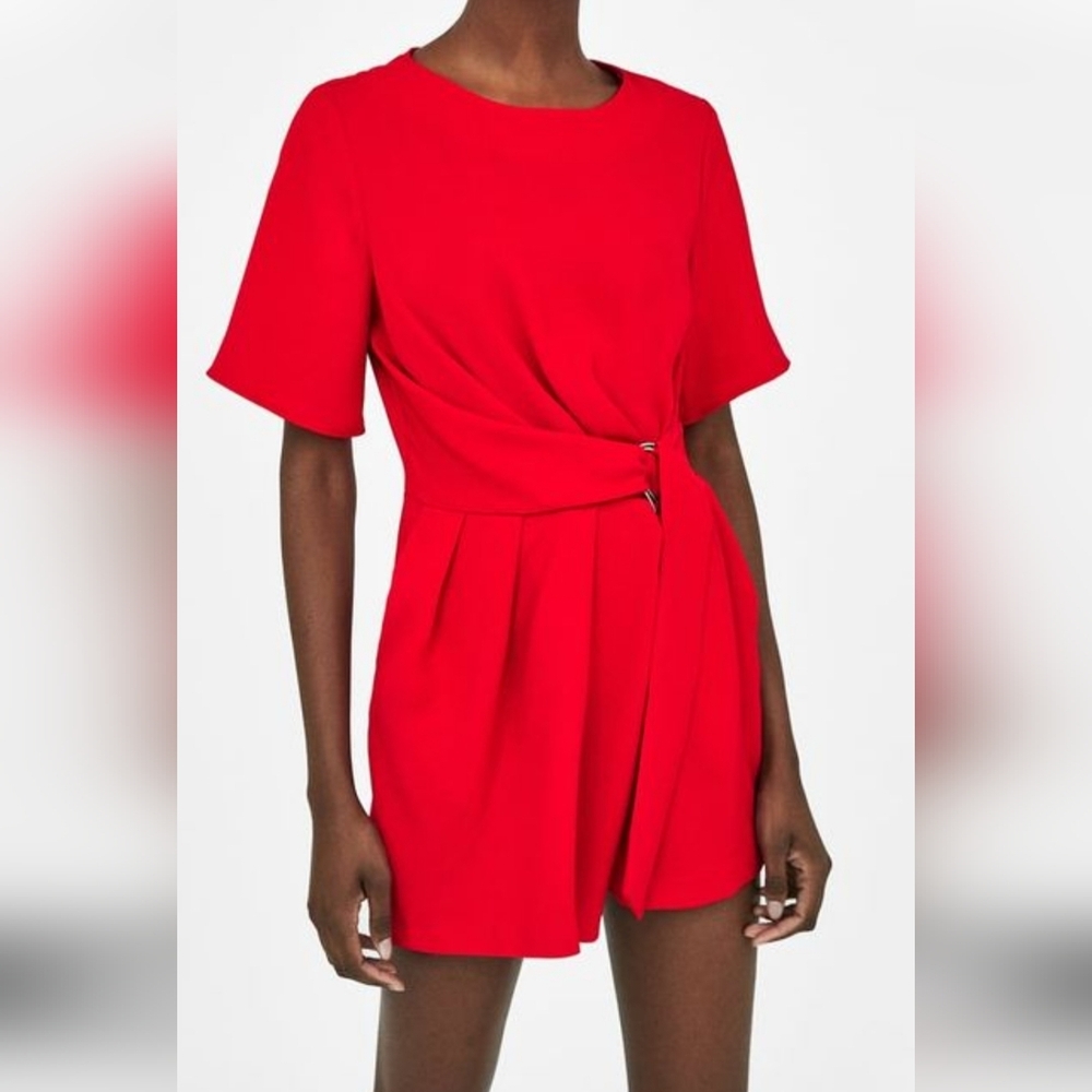 Zara Bright Red Short Sleeve Belted Romper